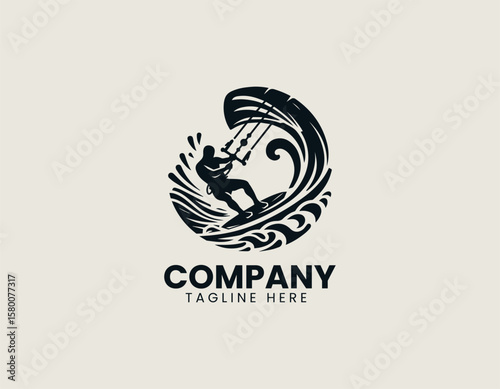 Dynamic Kitesurfer Silhouette Riding Wave Extreme Water Sport Vector Logo Design