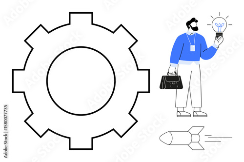 Man holding lightbulb signifying innovation and ideas surrounded by large gear for process and rocket for progress. Ideal for innovation, teamwork, problem-solving, creativity, technology, business