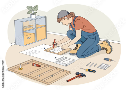 Woman Assembling Flat-Pack Furniture at Home - DIY Project Illustration