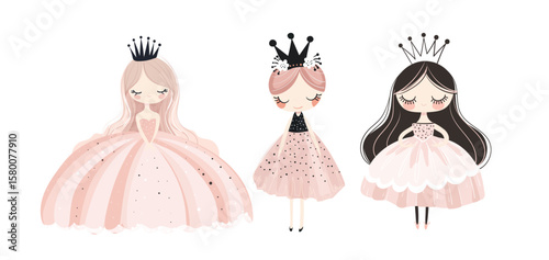 Set of cute princesses in elegant pink dresses with crowns, simple flat art collection for girls, print for children s room, fairy-tale character for design. Vector isolated on white background.