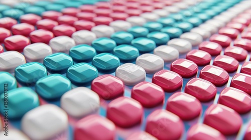 Rows of colorful red, blue, and white pills are neatly arranged in a repeating pattern.