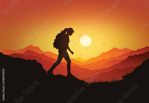 Silhouette of a woman hiking alone at sunset with mountain layers in the background