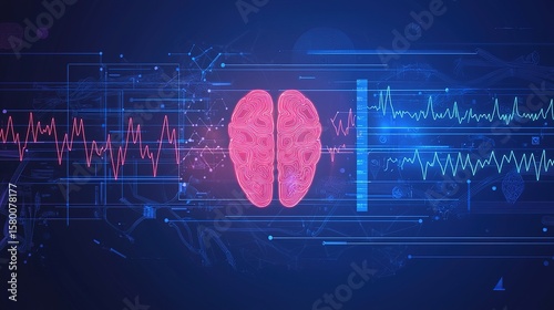 A digital illustration of a brain with EEG waveforms and futuristic data graphics on a blue background.