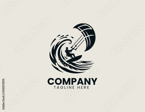 Dynamic Kitesurfer Silhouette Riding Wave Extreme Water Sport Vector Logo Design