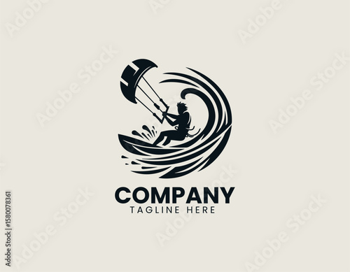 Dynamic Kitesurfer Silhouette Riding Wave Extreme Water Sport Vector Logo Design