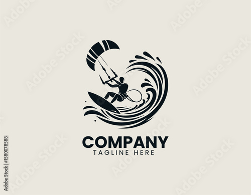 Dynamic Kitesurfer Silhouette Riding Wave Extreme Water Sport Vector Logo Design