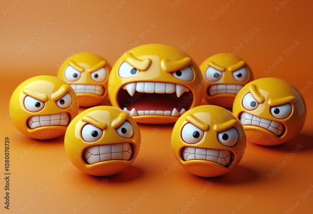 Obraz premium Angry emojis, orange circles display varying degrees of rage on orange backdrop
