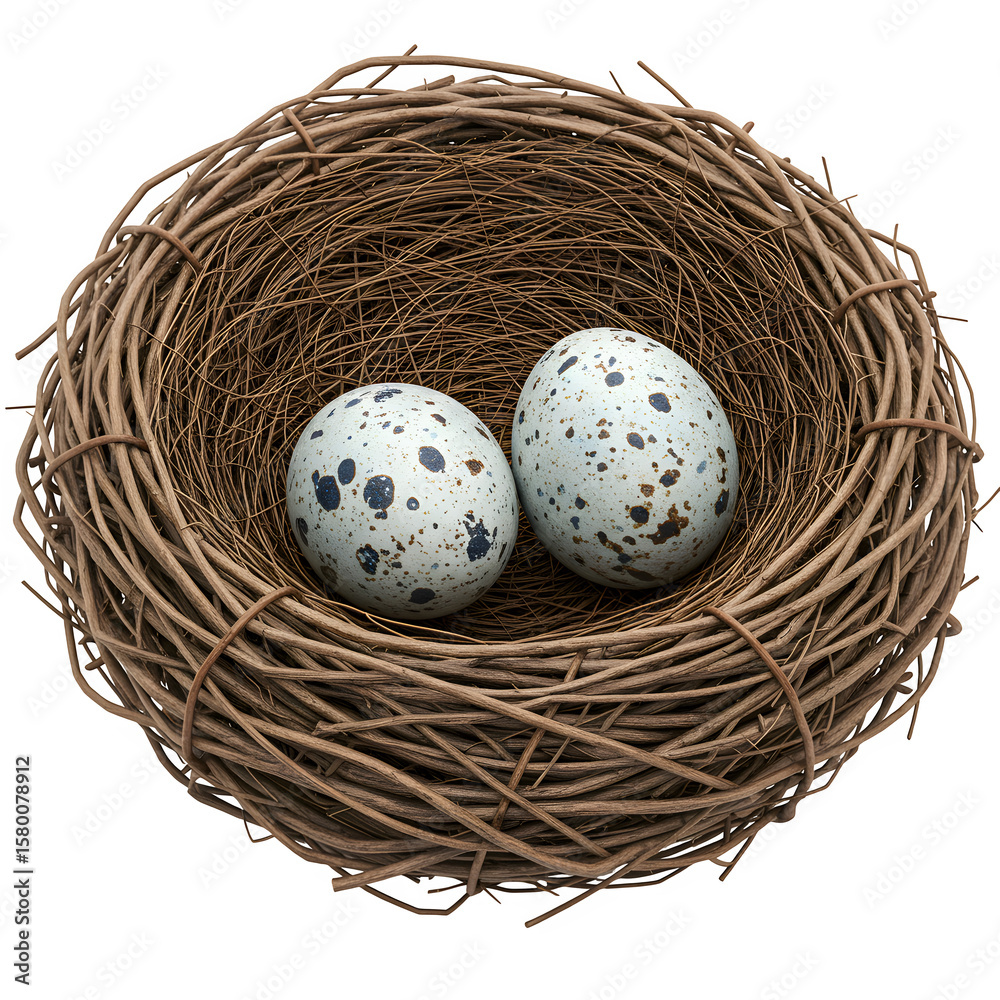 Fototapeta premium A delicate bird's nest cradles two speckled eggs isolated on white or transparent background. PNG format.