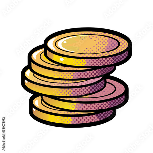 Stacked gold coins in comic book style, isolated vector image on transparent background