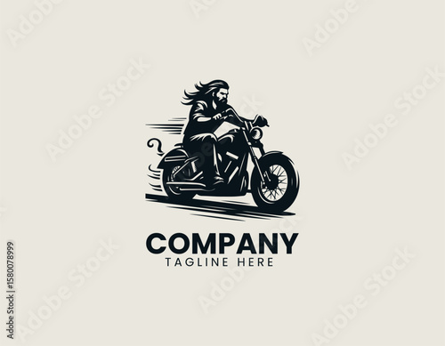 Edgy Biker Skull Long Beard Motorcycle Rider Rebel Vector Logo Design