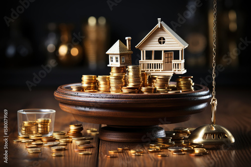 Exceptional Mini house on stack of coins with green blur.