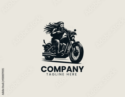Edgy Biker Skull Long Beard Motorcycle Rider Rebel Vector Logo Design
