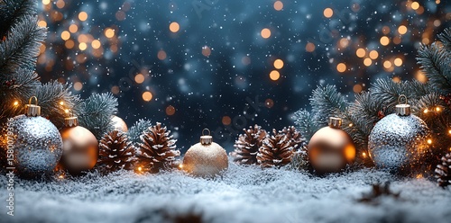 Snowy Christmas Ornaments and Pine Cones with Bokeh Lights image