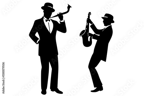 Jazz musicians silhouettes play saxophone and flute