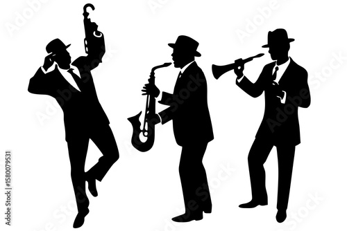 Silhouetted jazz musicians play instruments onstage
