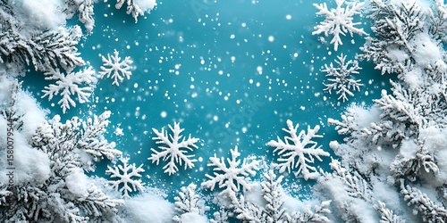 Snowy evergreen branches and snowflakes on blue background winter