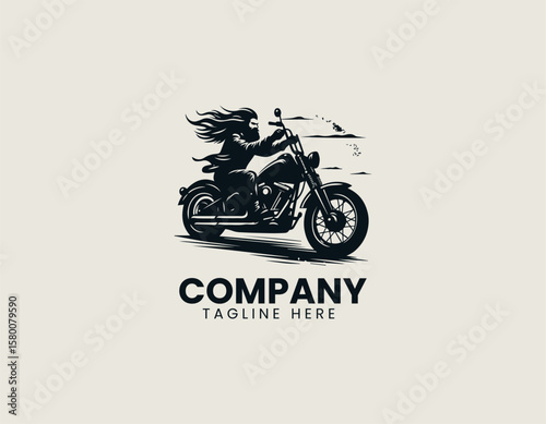 Edgy Biker Skull Long Beard Motorcycle Rider Rebel Vector Logo Design