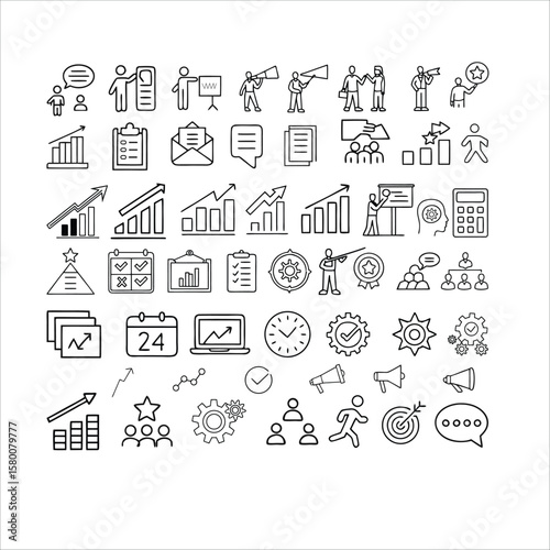 Collection of business and finance icons in a simple line art style