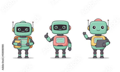Three friendly cartoon robots with different poses and holding various items.