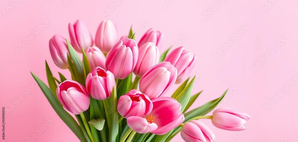 Obraz premium Delicate pink tulips arranged in a bouquet against a soft pink backdrop Plenty of copy space, freshness, love