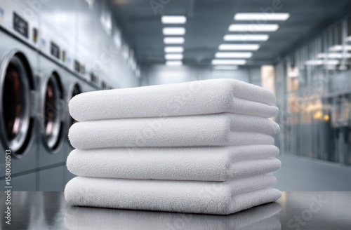 Stack of white towels in a modern laundromat (1) photo