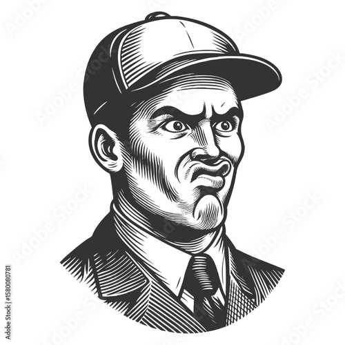 man in a suit and baseball cap with a puzzled, exaggerated facial expression in a classic engraving style sketch engraving generative ai vector illustration. Scratch board. Black and white image.