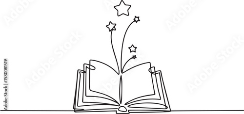 Opened book with flying page and stars in one continuous line drawing, symbolizing magic of reading

