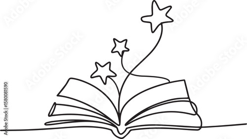 Opened book with flying page and stars in one continuous line drawing, symbolizing magic of reading

