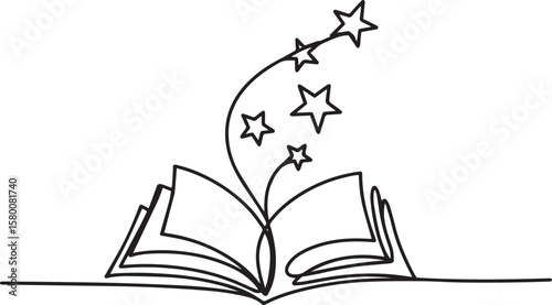 Opened book with flying page and stars in one continuous line drawing, symbolizing magic of reading

