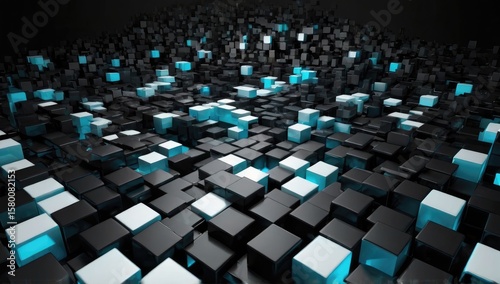 Abstract 3D cubes floating on black background – futuristic render