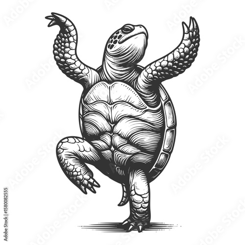 turtle dancing sketch engraving generative ai vector illustration. Scratch board imitation. Black and white image.