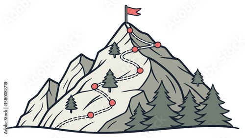 Mountain climbing route to peak with flag achievement goal path adventure hiking journey success challenge