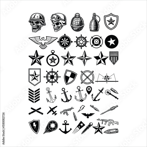 Collection of military and nautical icons, including skulls, grenades, anchors, airplanes, and stars