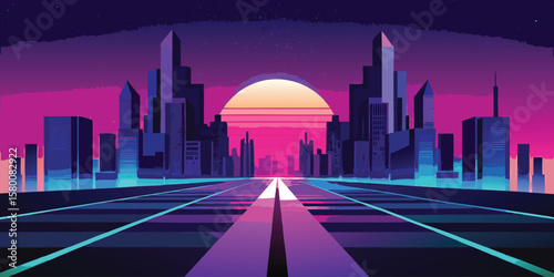 Retro Futuristic Cityscape at Sunset with Neon Highway