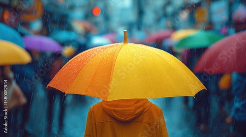 Wallpaper Mural A person, seen from behind, stands under a large, vibrant yellow and orange umbrella in a bustling city street during a heavy downpour. The umbrella is predominantly yellow, transitioning to a lighter Torontodigital.ca