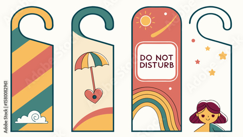 Cute door hanger template collection with do not disturb sign for hotel room and home decoration idea vector