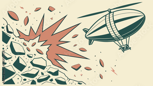 Vintage airship zeppelin flying over explosion vector illustration design for print and web use