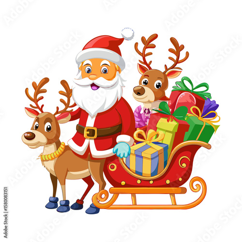 Jolly Santa Claus Dashes Through Snowy Wonderland Pulling Sled Full of Presents