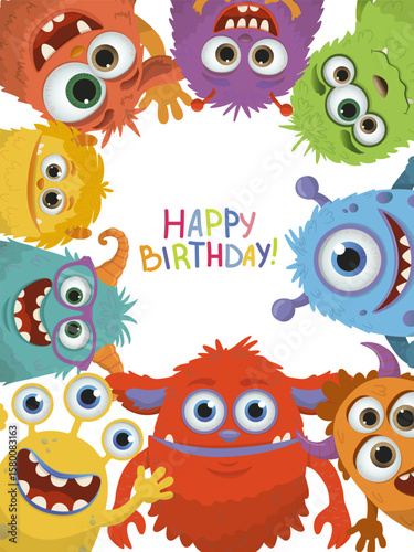 Vector illustration of colorful monsters forming a circle around a Happy Birthday message, creating a cheerful and playful design perfect for birthday cards and decorations.