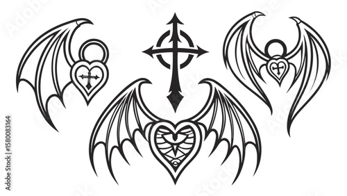Gothic tattoo design with cross heart lock and wings vector illustration for dark aesthetic 100