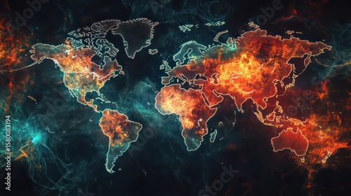 Fiery World Map Depicting Global Connections and Abstract Energy Patterns