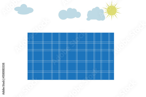 Clean flat illustration of blue solar cells and bright sunny sky with clouds, showing green energy reliance on natural sun power, concept artwork

