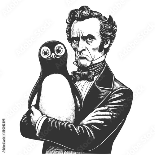 Victorian gentleman in a top hat holding a surprised penguin sketch engraving generative ai fictional character vector illustration. Scratch board imitation. Black and white image.