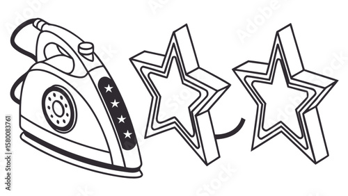 Iron appliance and star outlines for coloring page or educational activity sheet for kids and adults