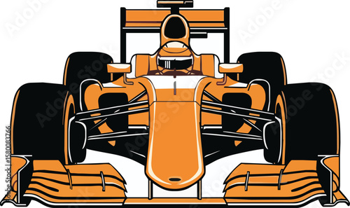 Front view of an orange Formula 1 race car with black tires.