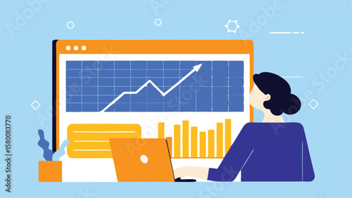 Woman watching a graph on a screen with bars and an upward trending line displayed on a laptop screen