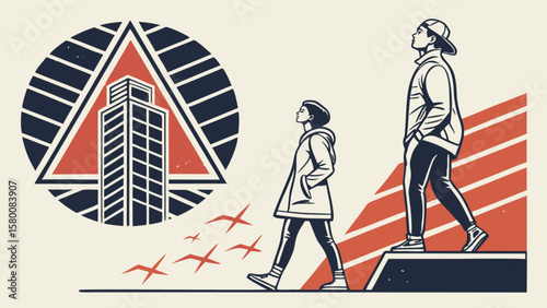 Urban cityscape art with people walking towards high rise building illustration and birds flying design
