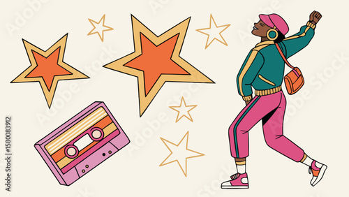 Retro party vector art featuring dancing woman with cassette tape and stars for nostalgic designs