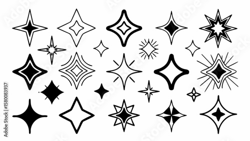 Sparkle star vector set, hand drawn starburst design elements for christmas and holiday decoration, 100 char
