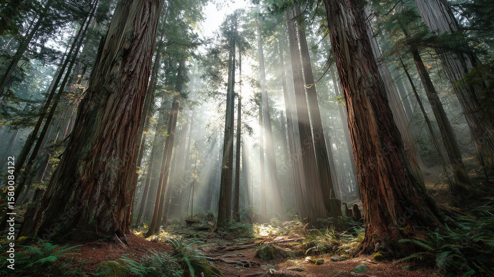 Naklejka premium Misty forest of towering red-barked trees with sunbeams piercing through ancient canopy, conveying primordial serenity.